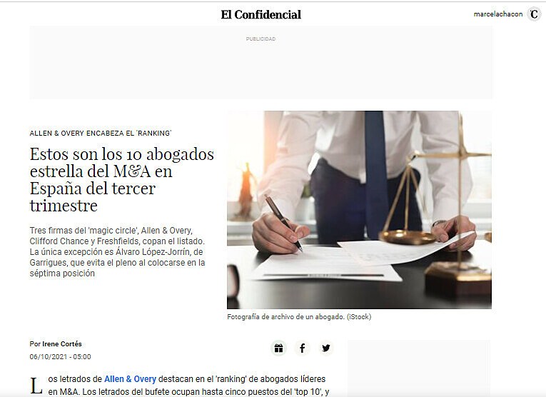 Estos son los 10 abogados estrella del M&A en España del tercer trimestre
